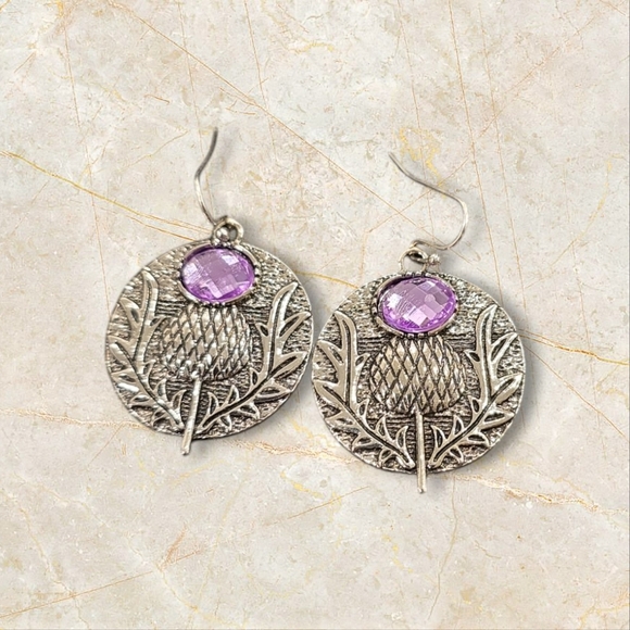 Silver and Purple Thistle Medallion Earrings - Picture 2 of 2